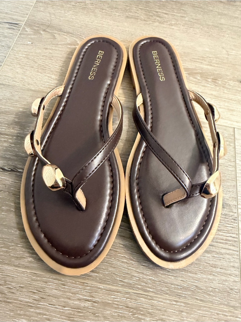 Brown Leather Thong Sandals with Gold Accents